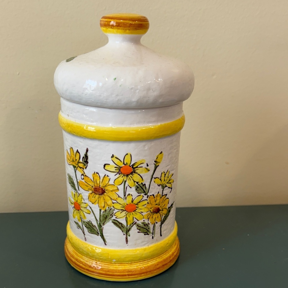 Vintage Sears, Roebuck & Co. Ceramic Canister with Yellow Daisy Motif.